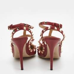 Pre Owned Valentino Red Leather Rockstud Ankle Strap  Pumps Size 40