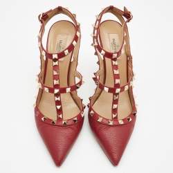 Pre Owned Valentino Red Leather Rockstud Ankle Strap  Pumps Size 40