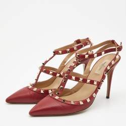 Pre Owned Valentino Red Leather Rockstud Ankle Strap  Pumps Size 40