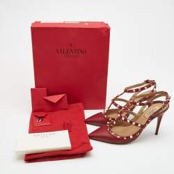 Pre Owned Valentino Red Leather Rockstud Ankle Strap  Pumps Size 40