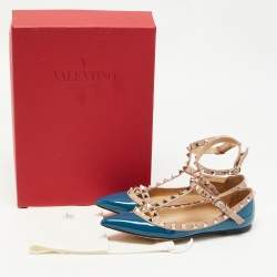 Pre Owned Valentino Navy Blue/Beige Patent and Leather Rockstud Ballet Flats Size 36.5