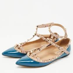 Pre Owned Valentino Navy Blue/Beige Patent and Leather Rockstud Ballet Flats Size 36.5