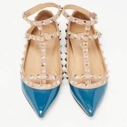 Pre Owned Valentino Navy Blue/Beige Patent and Leather Rockstud Ballet Flats Size 36.5