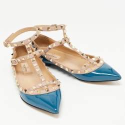 Pre Owned Valentino Navy Blue/Beige Patent and Leather Rockstud Ballet Flats Size 36.5
