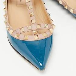 Pre Owned Valentino Navy Blue/Beige Patent and Leather Rockstud Ballet Flats Size 36.5