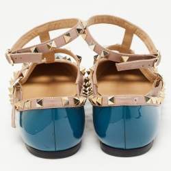 Pre Owned Valentino Navy Blue/Beige Patent and Leather Rockstud Ballet Flats Size 36.5