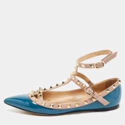 Pre Owned Valentino Navy Blue/Beige Patent and Leather Rockstud Ballet Flats Size 36.5