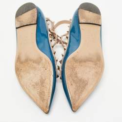 Pre Owned Valentino Navy Blue/Beige Patent and Leather Rockstud Ballet Flats Size 36.5