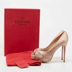 Pre Owned Valentino Pink Satin Crystal Embellished Open Toe Pumps Size 38