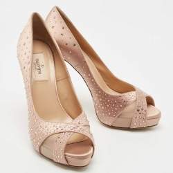 Pre Owned Valentino Pink Satin Crystal Embellished Open Toe Pumps Size 38