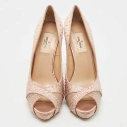 Pre Owned Valentino Pink Satin Crystal Embellished Open Toe Pumps Size 38