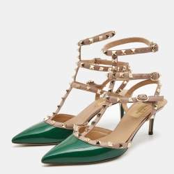 Pre Owned Valentino Green/Beige Patent and Leather Rockstud Pumps Size 39