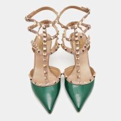 Pre Owned Valentino Green/Beige Patent and Leather Rockstud Pumps Size 39