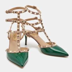 Pre Owned Valentino Green/Beige Patent and Leather Rockstud Pumps Size 39