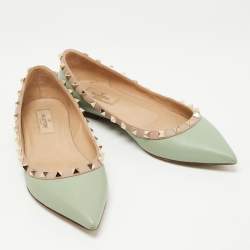 Pre Owned Valentino Light Green Leather Rockstud Ballet Flats Size 38.5