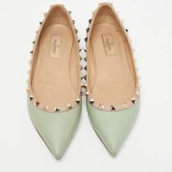 Pre Owned Valentino Light Green Leather Rockstud Ballet Flats Size 38.5