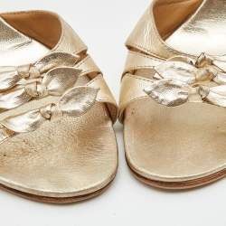 Pre Owned Valentino Gold Foil Leather Bow Ankle Strap Sandals Size 37