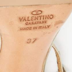 Pre Owned Valentino Gold Foil Leather Bow Ankle Strap Sandals Size 37