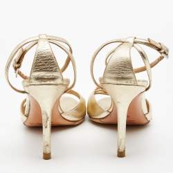 Pre Owned Valentino Gold Foil Leather Bow Ankle Strap Sandals Size 37