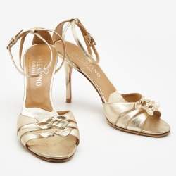 Pre Owned Valentino Gold Foil Leather Bow Ankle Strap Sandals Size 37