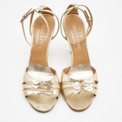 Pre Owned Valentino Gold Foil Leather Bow Ankle Strap Sandals Size 37