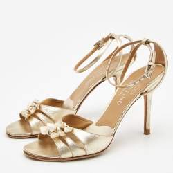 Pre Owned Valentino Gold Foil Leather Bow Ankle Strap Sandals Size 37