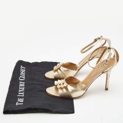 Pre Owned Valentino Gold Foil Leather Bow Ankle Strap Sandals Size 37
