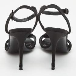 Pre Owned Valentino Black Satin Crystal Embellished Buckle Ankle Strap Sandals Size 37