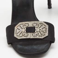 Pre Owned Valentino Black Satin Crystal Embellished Buckle Ankle Strap Sandals Size 37