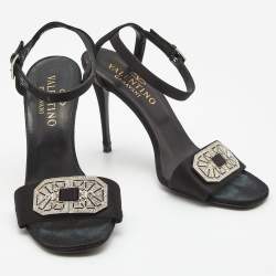 Pre Owned Valentino Black Satin Crystal Embellished Buckle Ankle Strap Sandals Size 37