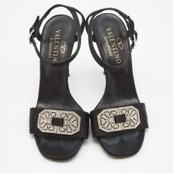 Pre Owned Valentino Black Satin Crystal Embellished Buckle Ankle Strap Sandals Size 37