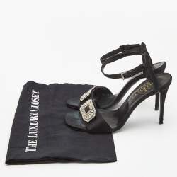 Pre Owned Valentino Black Satin Crystal Embellished Buckle Ankle Strap Sandals Size 37