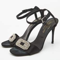Pre Owned Valentino Black Satin Crystal Embellished Buckle Ankle Strap Sandals Size 37