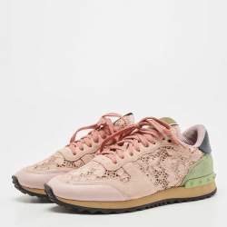 Pre Owned Valentino Pink Leather and Lace  Rockrunner Sneakers Size 38