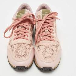 Pre Owned Valentino Pink Leather and Lace  Rockrunner Sneakers Size 38