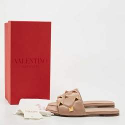 Pre Owned Valentino Beige Leather Roman Stud Flat Slides Size 38