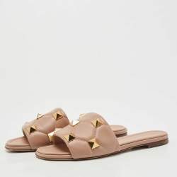 Pre Owned Valentino Beige Leather Roman Stud Flat Slides Size 38