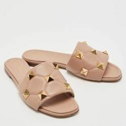 Pre Owned Valentino Beige Leather Roman Stud Flat Slides Size 38