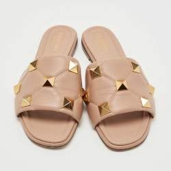 Pre Owned Valentino Beige Leather Roman Stud Flat Slides Size 38
