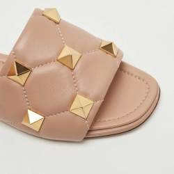 Pre Owned Valentino Beige Leather Roman Stud Flat Slides Size 38