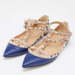 مملوكة مسبقًا Valentino Blue/Beige Leather Rockstud T Strap Ballet Flats Size 39.5