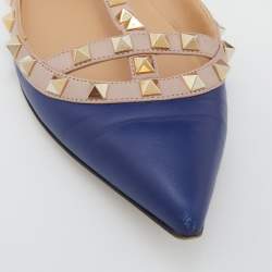 مملوكة مسبقًا Valentino Blue/Beige Leather Rockstud T Strap Ballet Flats Size 39.5