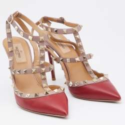 Pre Owned Valentino Red/Pink Leather Rockstud Pumps Size 38.5