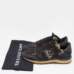 Pre Owned Valentino Black Lace,Suede and Leather Rockrunner Sneakers Size 38