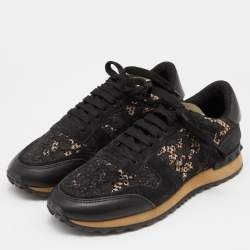Pre Owned Valentino Black Lace,Suede and Leather Rockrunner Sneakers Size 38
