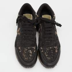 Pre Owned Valentino Black Lace,Suede and Leather Rockrunner Sneakers Size 38