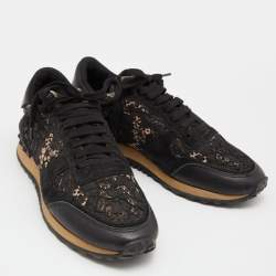 Pre Owned Valentino Black Lace,Suede and Leather Rockrunner Sneakers Size 38