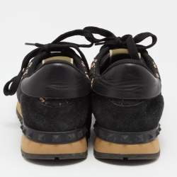 Pre Owned Valentino Black Lace,Suede and Leather Rockrunner Sneakers Size 38