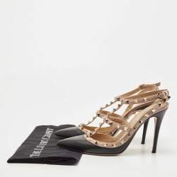 Pre Owned Valentino Black/Beige Leather Rockstud Pumps Size 38.5