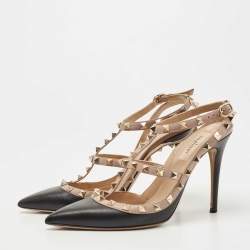 Pre Owned Valentino Black/Beige Leather Rockstud Pumps Size 38.5